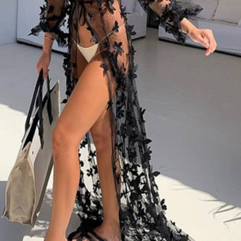 Black Mesh Butterfly Kimono Dress One Size