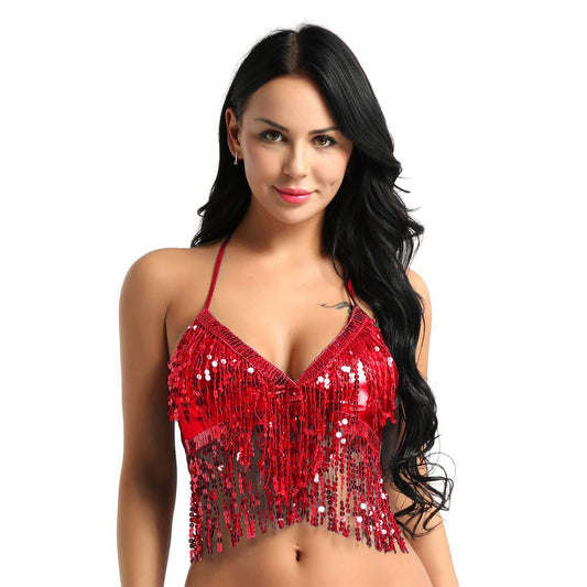 Sequins Tassel Crop Top Belly Dance Top One Size